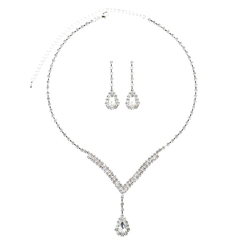 Bridal Wedding Jewelry Set featuring a silver necklace and matching earrings adorned with clear crystal rhinestones in a V-drop design.