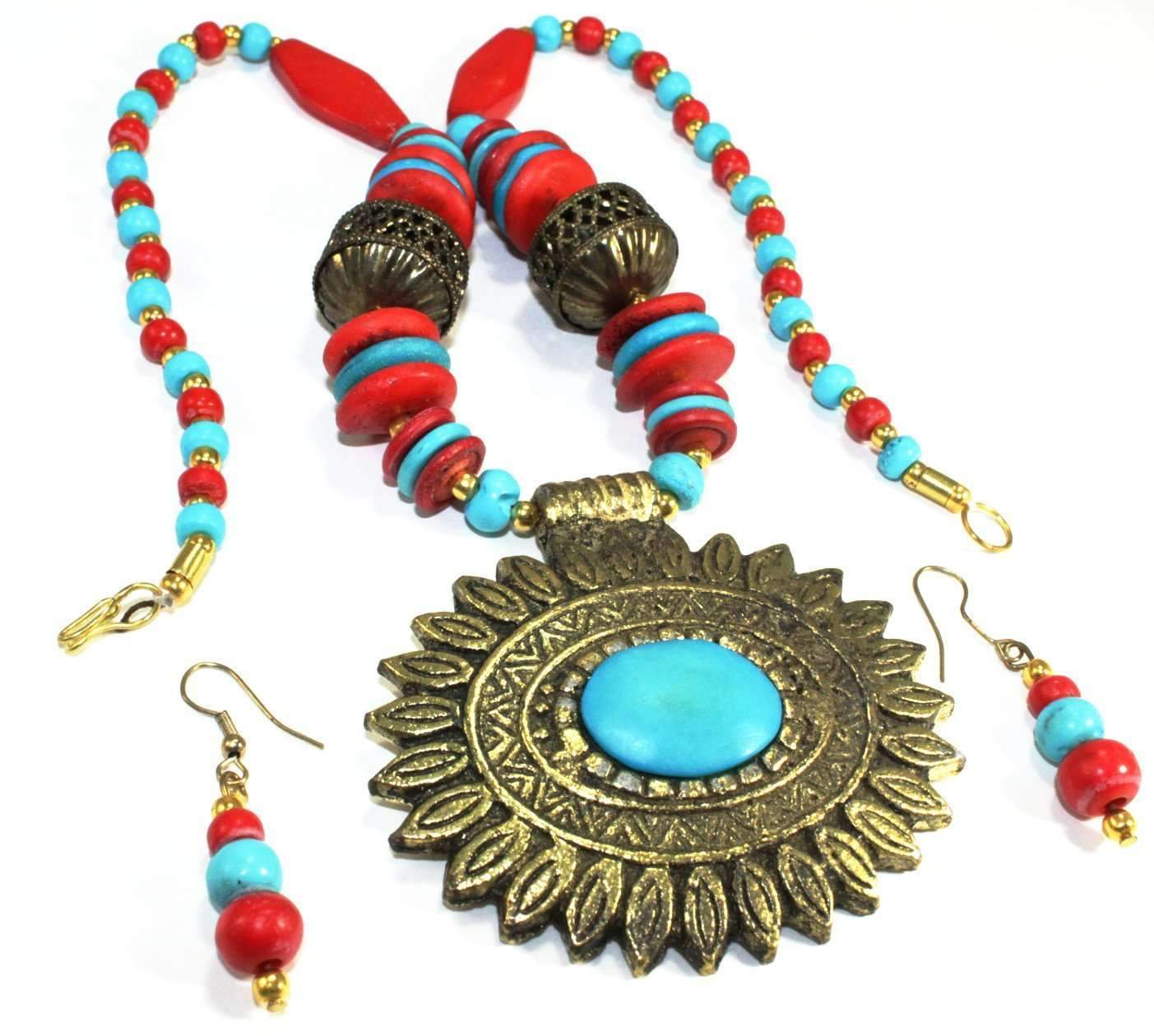 Main Flower Medallion Boho Necklace & Earrings Set image