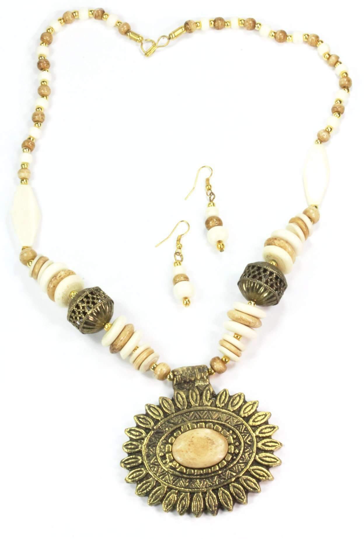 Sun Mandala Flower Pendant Necklace and Earring Set featuring a grand flower pendant with white and light brown beads, showcasing boho antique style.