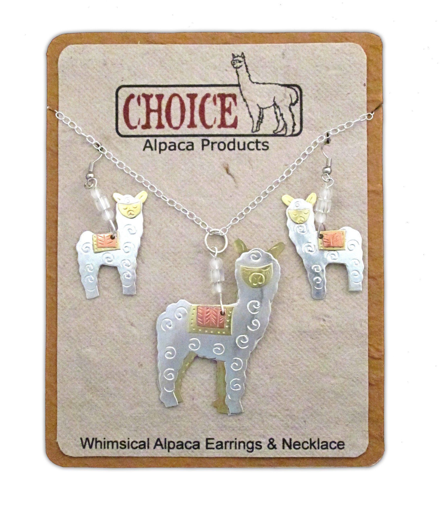 Whimsical Alpaca Necklace and Earrings set, showcasing charming alpaca designs in plated nickel, copper, and brass, handcrafted in Thailand.