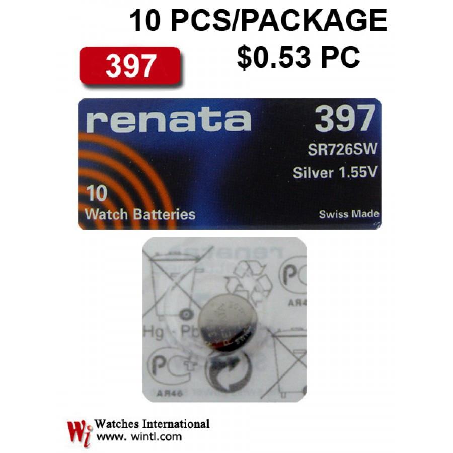 A pack of 10 watch batteries, type 397, designed for reliable power and long-lasting performance in various wristwatches.