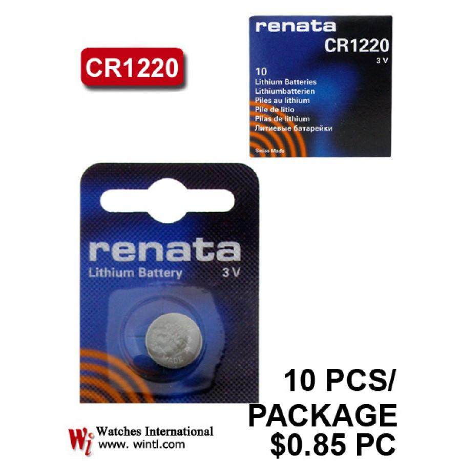 A pack of 10 CR1220 batteries designed for watches, showcasing their compact size and packaging.