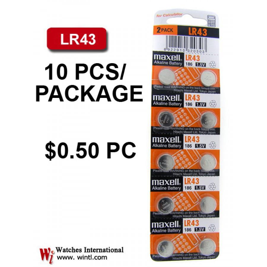 A pack of 10 LR43 batteries designed for watches, showcasing their compact size and reliable power for timepieces.