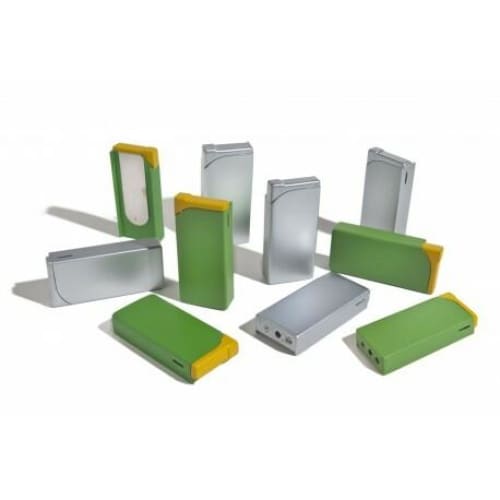 A collection of 24 refillable adjustable clip-on cigarette box lighters in silver and green, showcasing their compact design and metal clips.