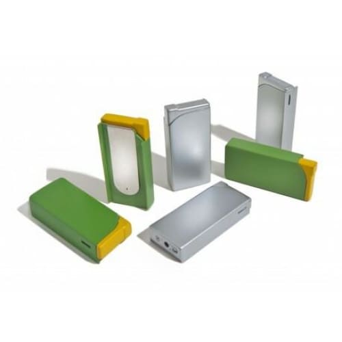 A collection of 24 refillable adjustable clip-on cigarette box lighters in silver and green, showcasing their compact design and metal clips.