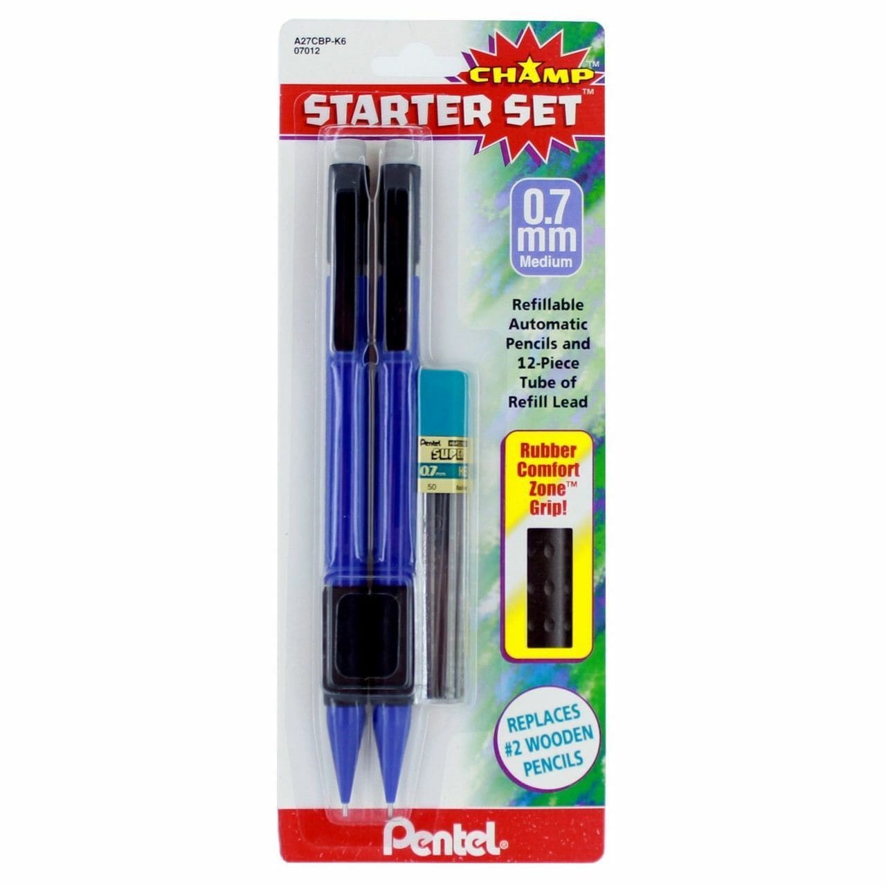 A 2-Pack of Pentel Champ Mechanical Pencils in various colors, featuring a comfortable grip and retractable tips.