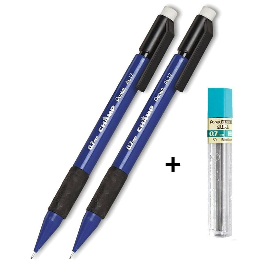 A 2-Pack of Pentel Champ Mechanical Pencils in various colors, featuring a comfortable grip and retractable tips.