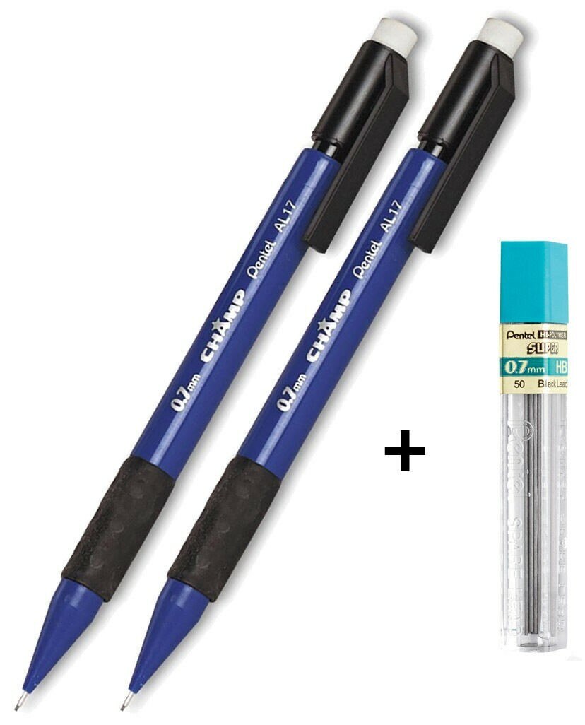 A 2-Pack of Pentel Champ Mechanical Pencils in various colors, featuring a comfortable grip and retractable tips.