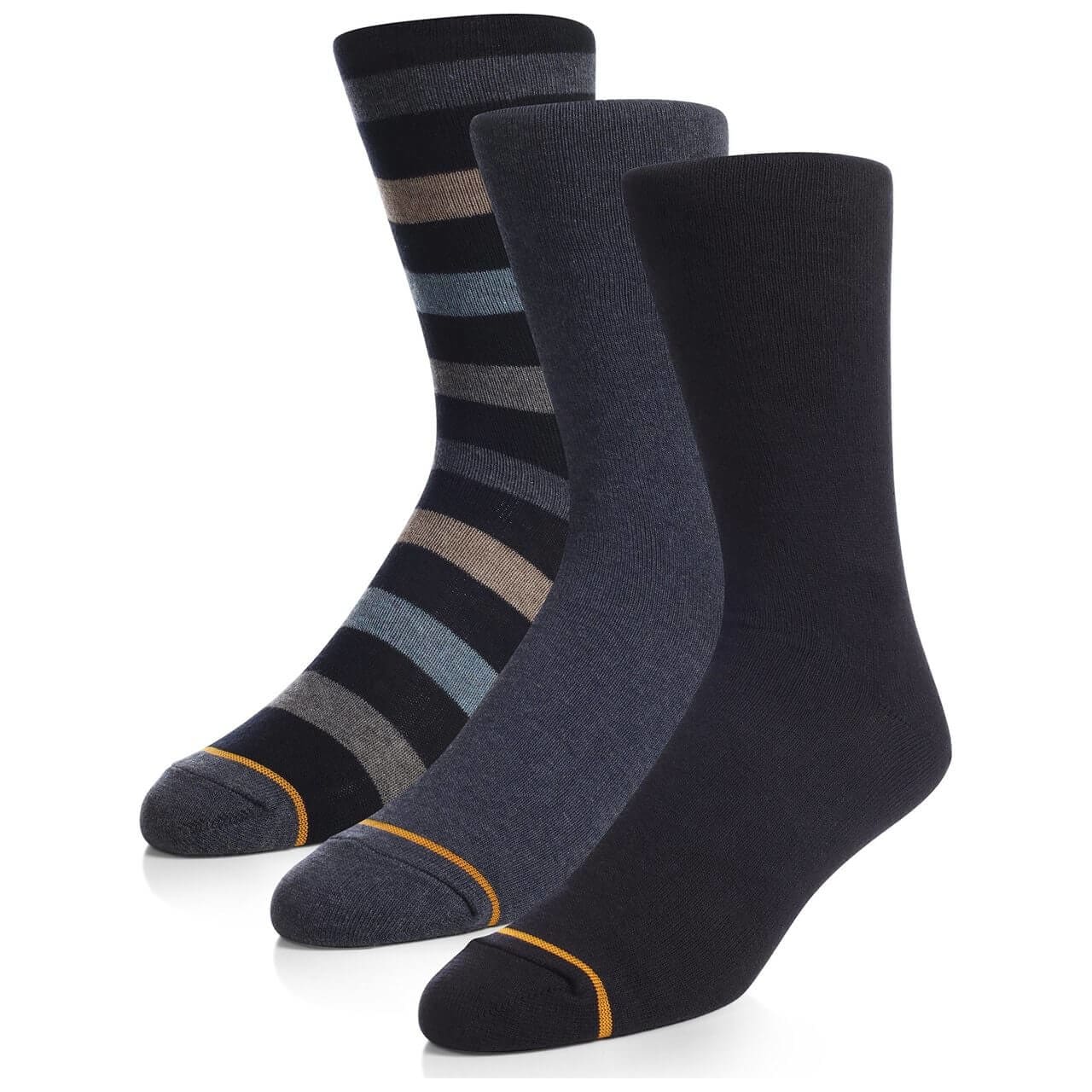 Three pairs of Gold Toe Men's Assorted Blue Soft Premium Cotton Blend Dress Crew Socks displayed together, showcasing their soft texture and stylish design.