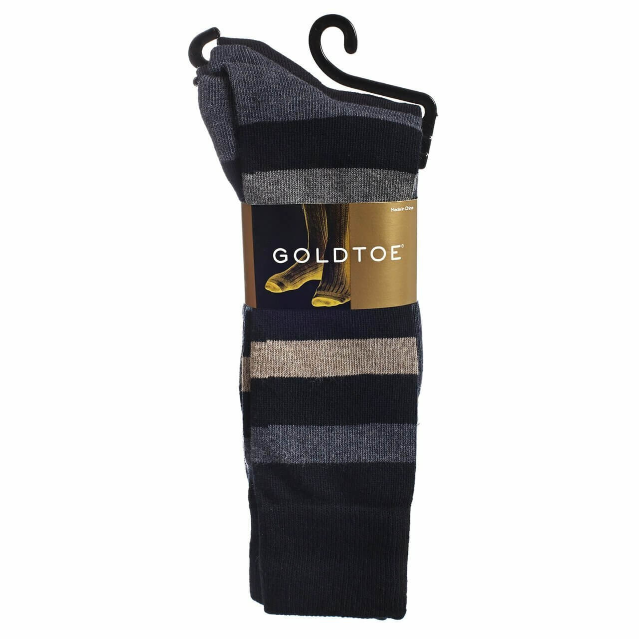 Three pairs of Gold Toe Men's Assorted Blue Soft Premium Cotton Blend Dress Crew Socks displayed together, showcasing their soft texture and stylish design.