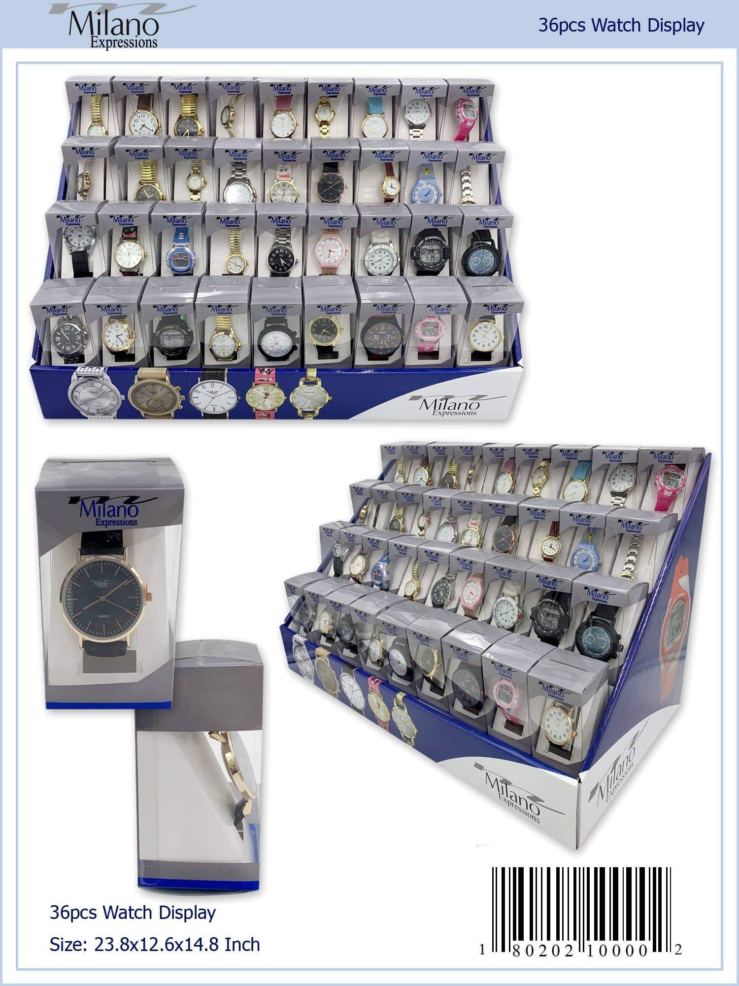 A vibrant display of 36 assorted men's and ladies watches showcasing various styles and colors, perfect for retail or personal use.