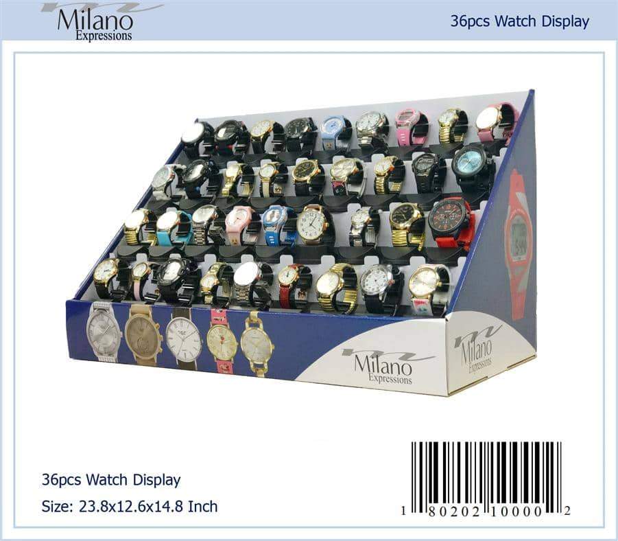 A vibrant display of 36 assorted men's and ladies watches showcasing various styles and colors, perfect for retail or personal use.