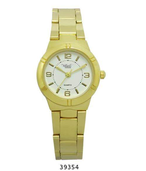 Gold wristwatch with white face.