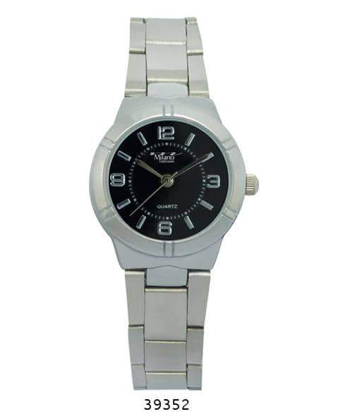 Silver wristwatch with black dial.