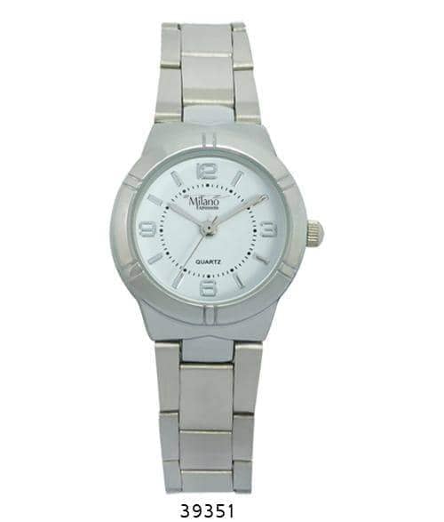 Silver analog wristwatch with white face.