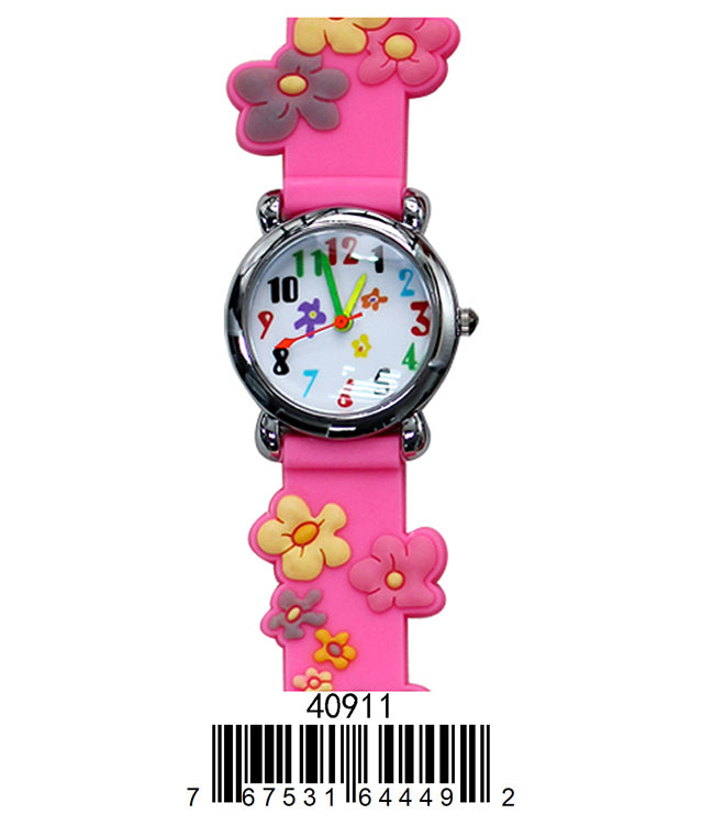 Colorful floral design kids watch with soft rubber band and easy-to-read dial.