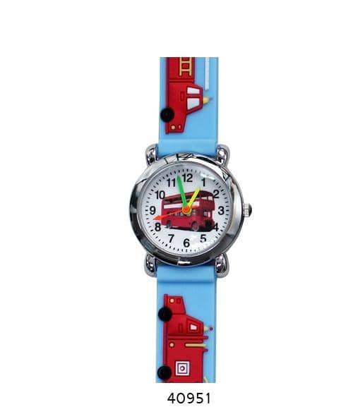 Colorful 4095 Kids Watch featuring a firetruck design with a soft rubber band, perfect for teaching children to tell time.