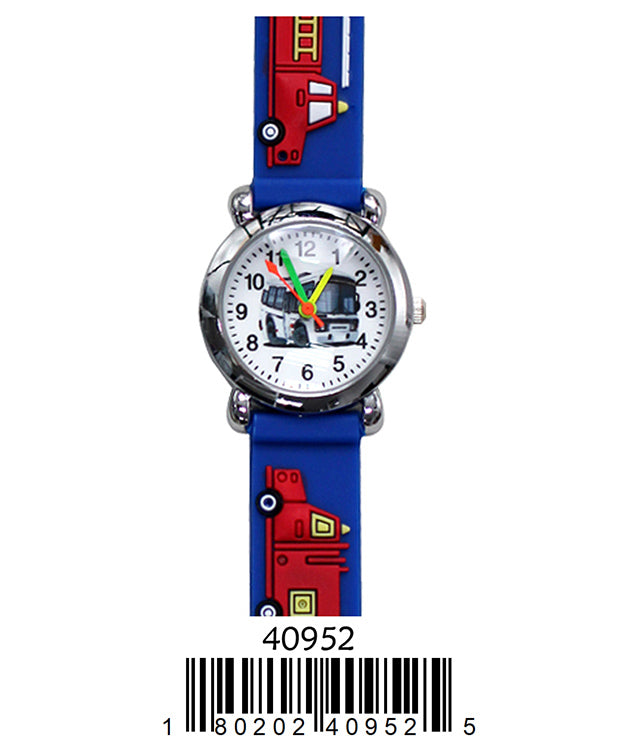 Colorful 4095 Kids Watch featuring a firetruck design with a soft rubber band, perfect for teaching children to tell time.