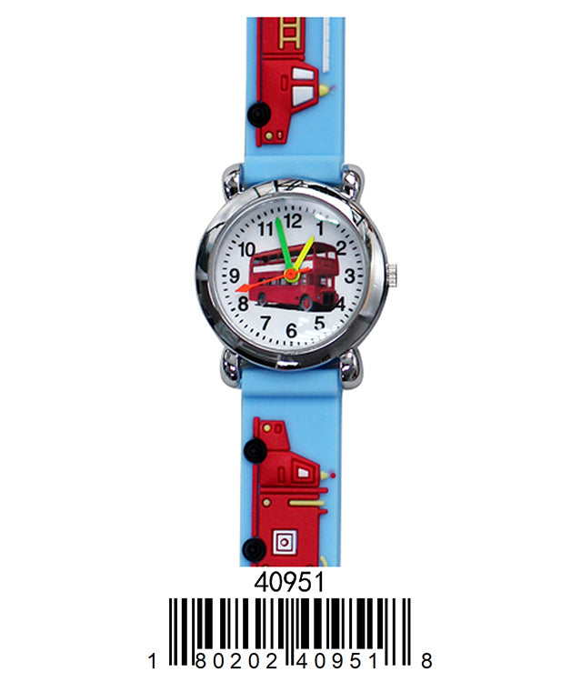 Colorful 4095 Kids Watch featuring a firetruck design with a soft rubber band, perfect for teaching children to tell time.