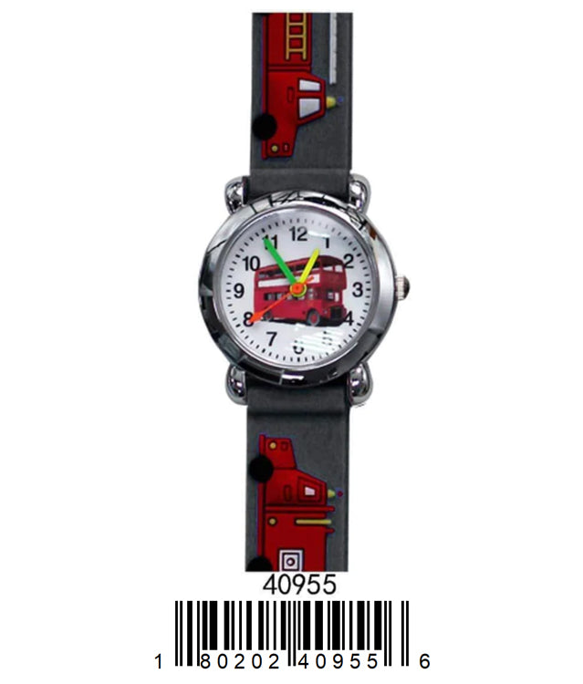 Colorful 4095 Kids Watch featuring a firetruck design with a soft rubber band, perfect for teaching children to tell time.