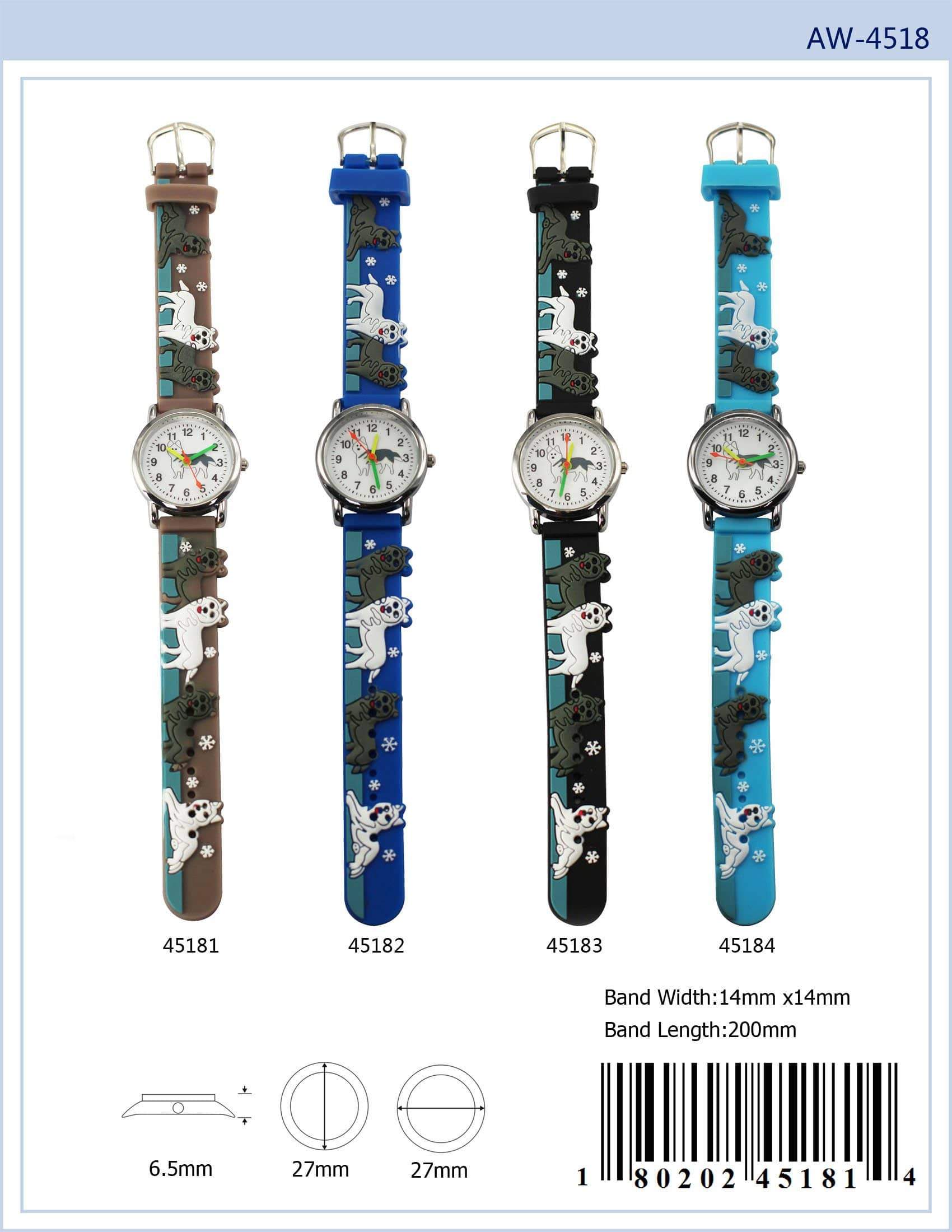 Colorful kids watch featuring a playful wolf design with a soft rubber band, perfect for teaching children how to tell time.