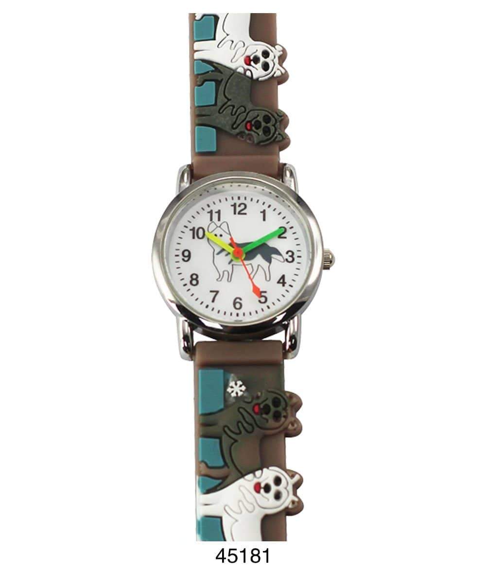 Colorful kids watch featuring a playful wolf design with a soft rubber band, perfect for teaching children how to tell time.