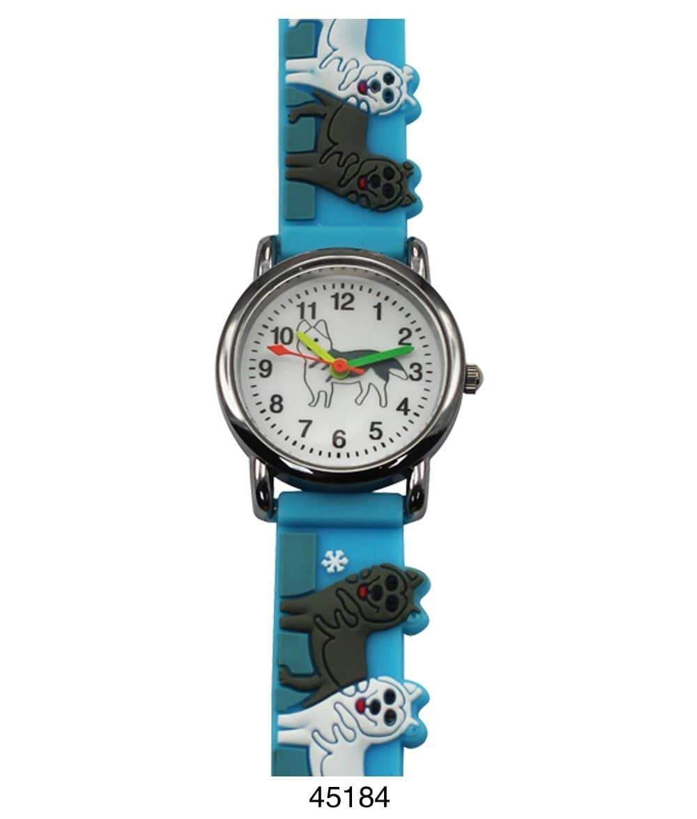 Colorful kids watch featuring a playful wolf design with a soft rubber band, perfect for teaching children how to tell time.