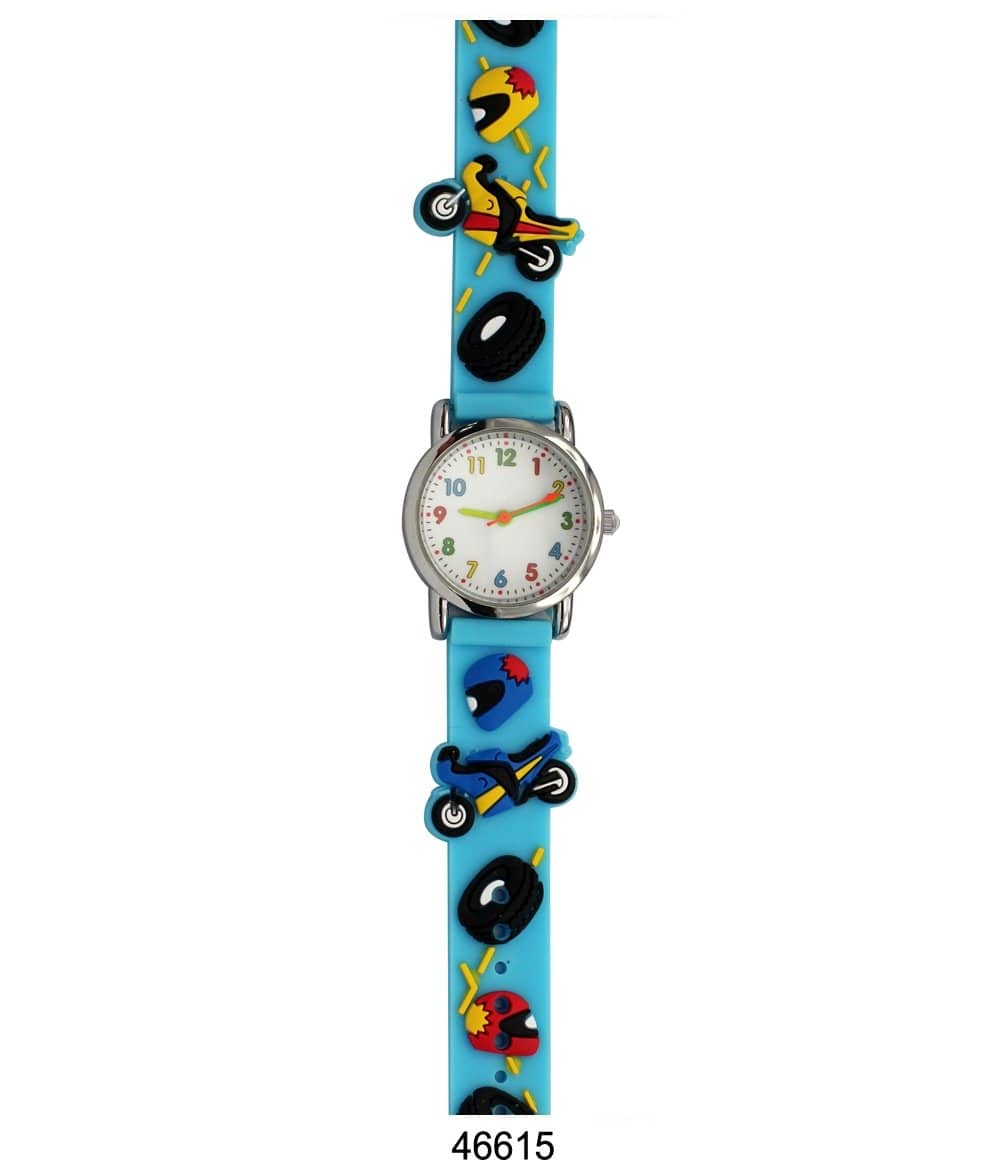 Colorful kids watch with motorcycle design and soft rubber band, perfect for teaching time.