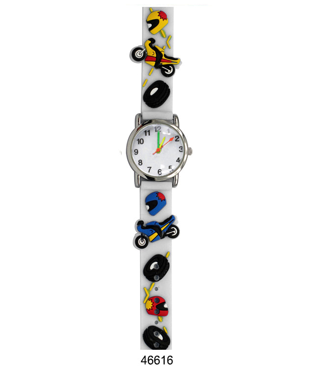 Colorful kids watch with motorcycle design and soft rubber band, perfect for teaching time.