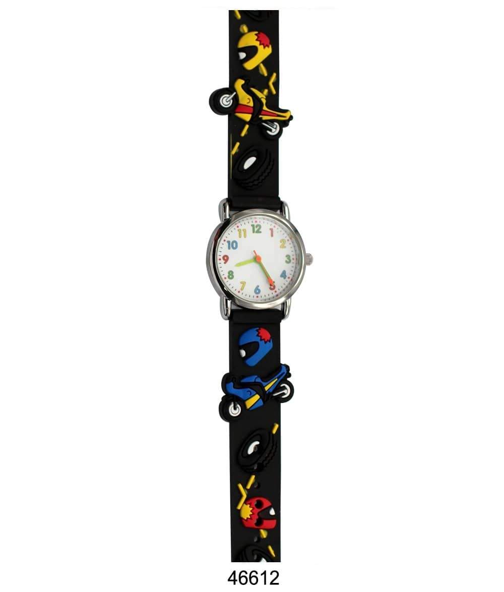 Colorful kids watch with motorcycle design and soft rubber band, perfect for teaching time.