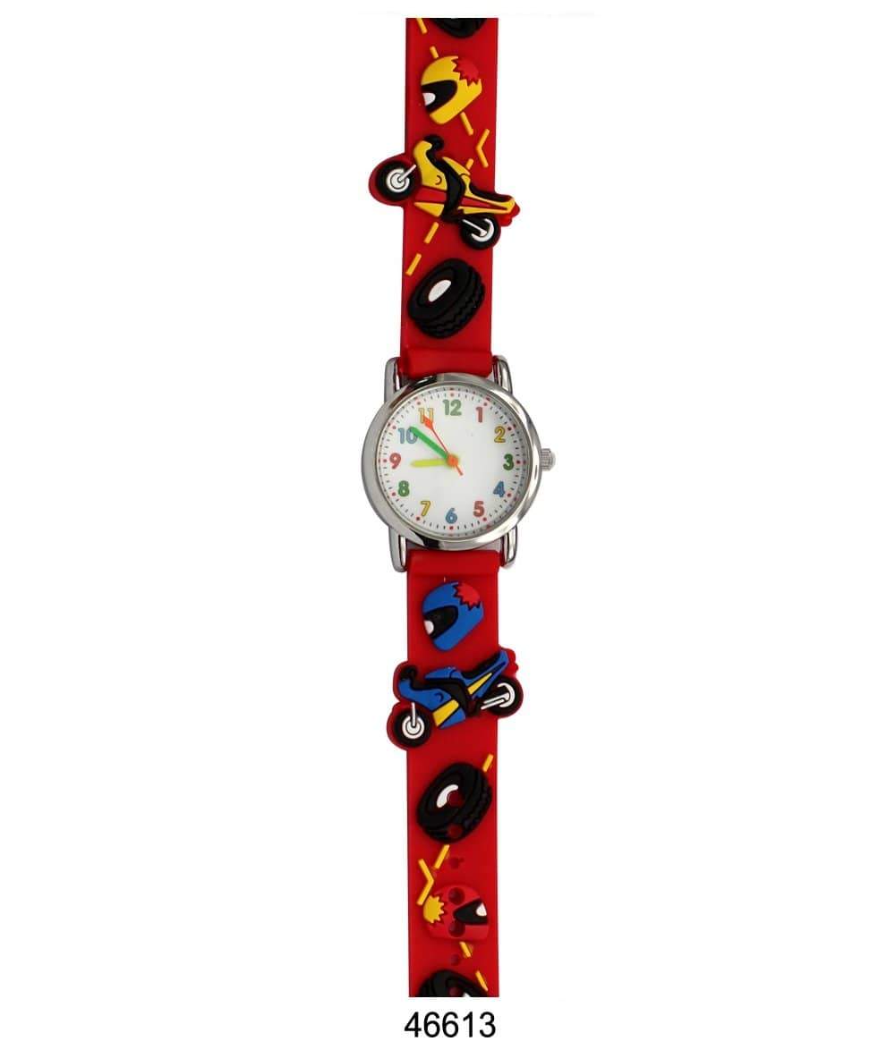 Colorful kids watch with motorcycle design and soft rubber band, perfect for teaching time.