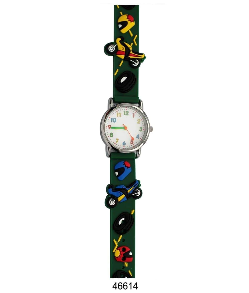 Colorful kids watch with motorcycle design and soft rubber band, perfect for teaching time.