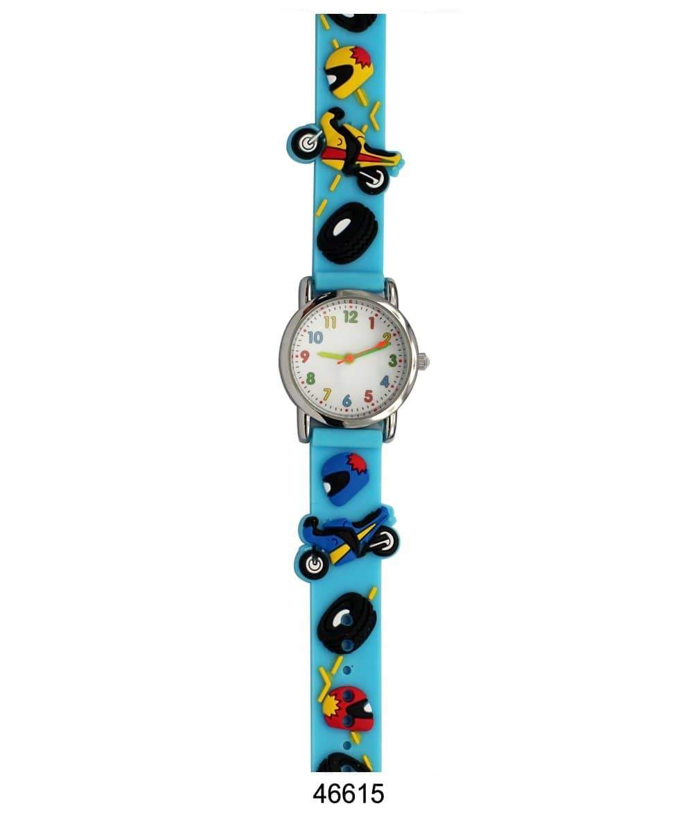 Colorful kids watch with motorcycle design and soft rubber band, perfect for teaching time.