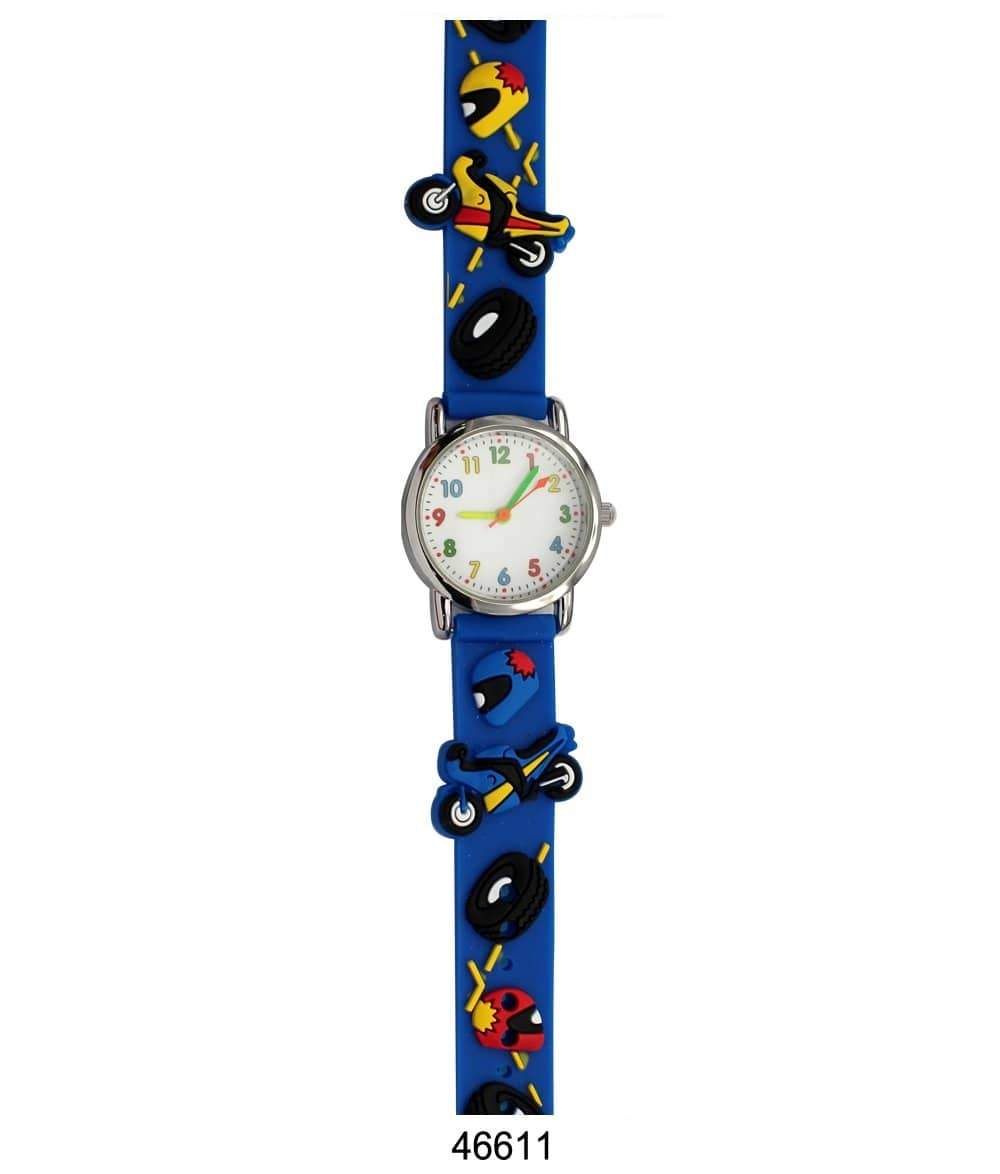 Colorful kids watch with motorcycle design and soft rubber band, perfect for teaching time.