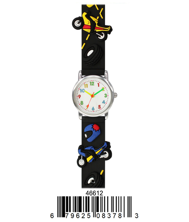 Colorful kids watch with motorcycle design and soft rubber band, perfect for teaching time.