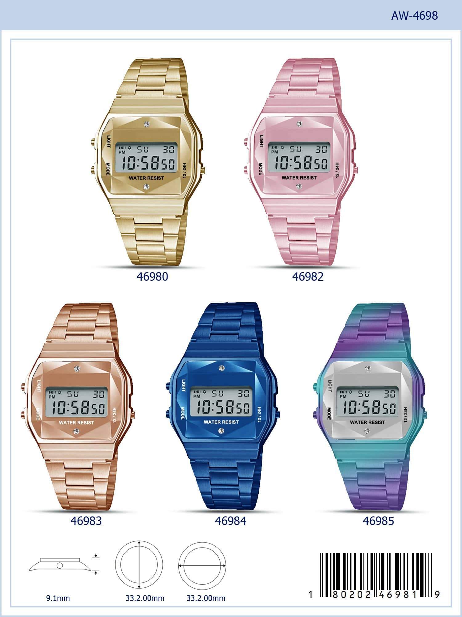 4698 Retro Digital Watch with multi-functional display and LED light, featuring a metal case and band.