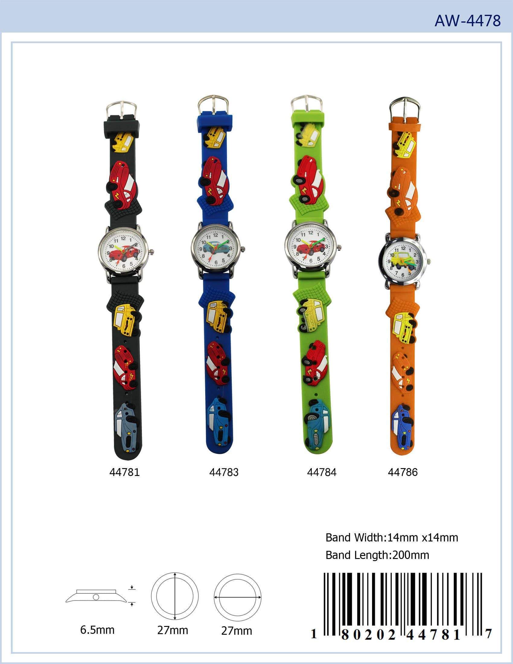 A colorful kids watch featuring a playful car design with a soft rubber band, perfect for teaching children how to tell time.