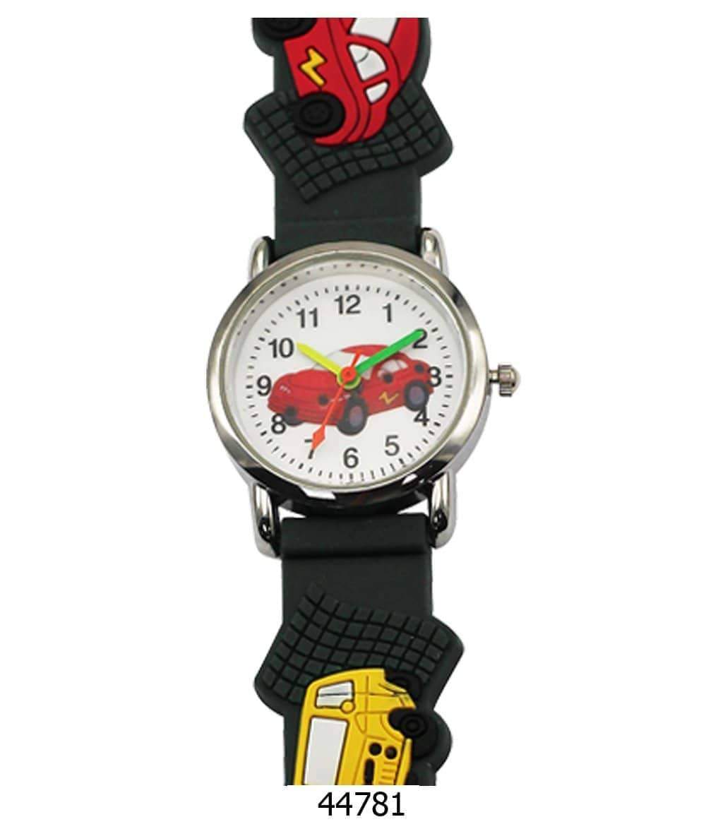 A colorful kids watch featuring a playful car design with a soft rubber band, perfect for teaching children how to tell time.