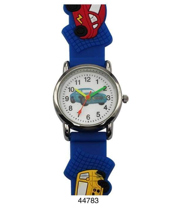 A colorful kids watch featuring a playful car design with a soft rubber band, perfect for teaching children how to tell time.