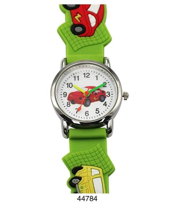 A colorful kids watch featuring a playful car design with a soft rubber band, perfect for teaching children how to tell time.