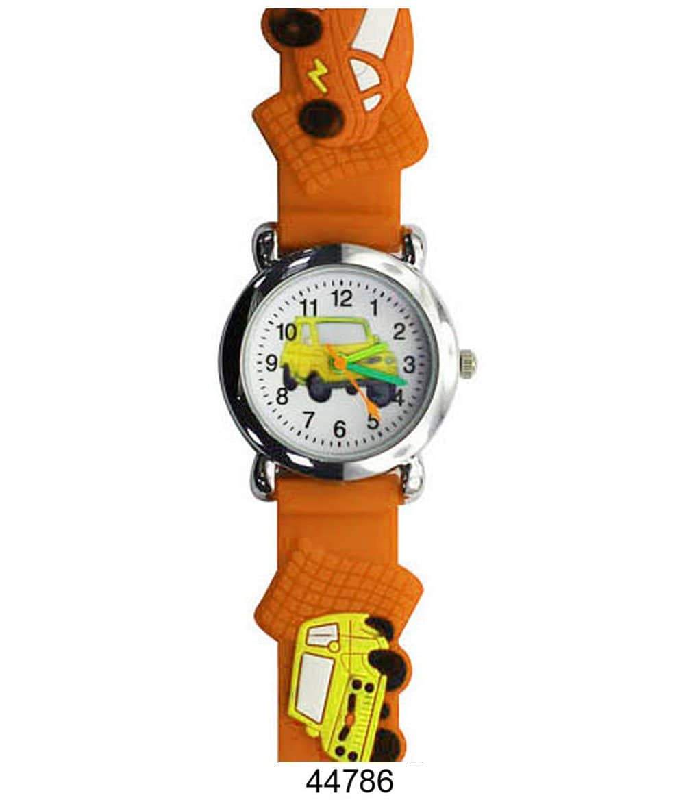 A colorful kids watch featuring a playful car design with a soft rubber band, perfect for teaching children how to tell time.