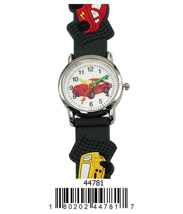 A colorful kids watch featuring a playful car design with a soft rubber band, perfect for teaching children how to tell time.