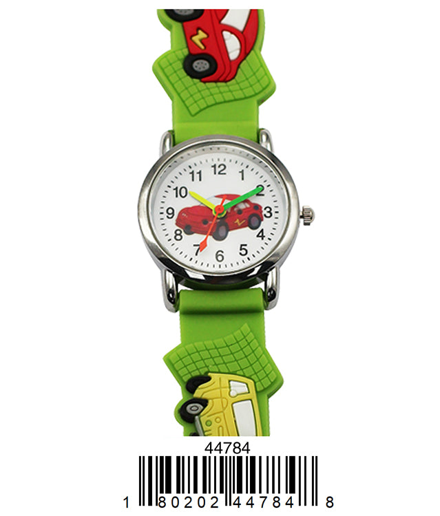 A colorful kids watch featuring a playful car design with a soft rubber band, perfect for teaching children how to tell time.