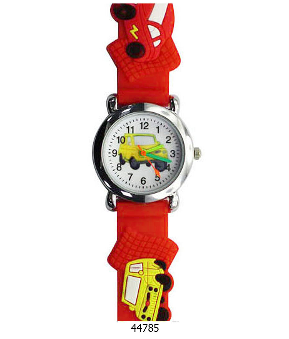 A colorful kids watch featuring a playful car design with a soft rubber band, perfect for teaching children how to tell time.