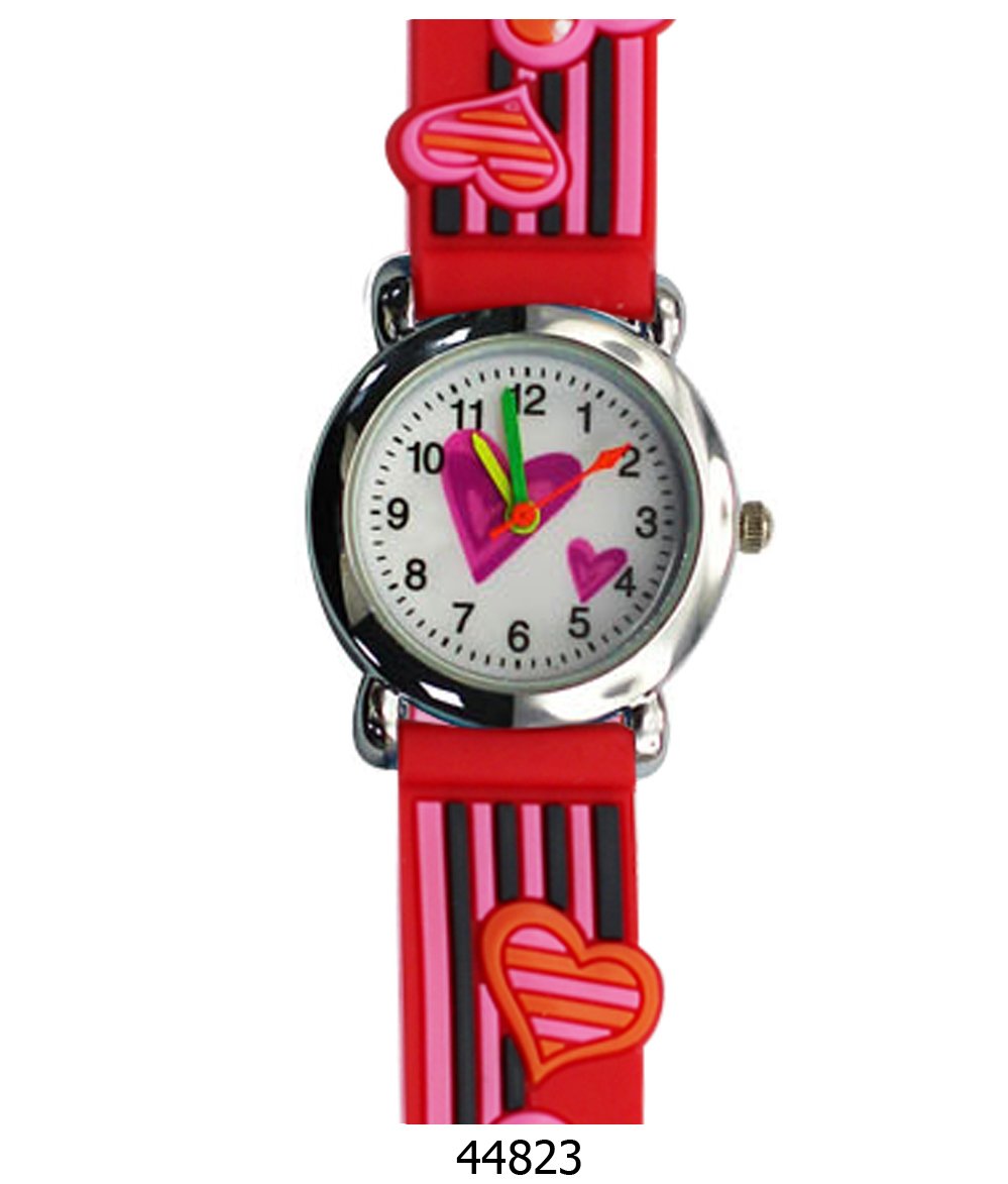 A colorful kids watch featuring a heart design with a soft rubber band, perfect for teaching children how to tell time.