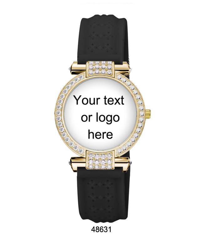 A stylish customizable watch with a lush silicon band and a sparkling stone-covered case, perfect for personal branding.