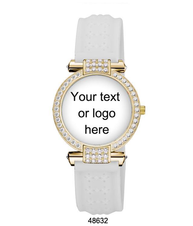 A stylish customizable watch with a lush silicon band and a sparkling stone-covered case, perfect for personal branding.