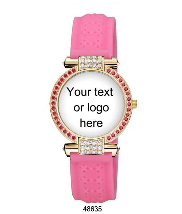 A stylish customizable watch with a lush silicon band and a sparkling stone-covered case, perfect for personal branding.