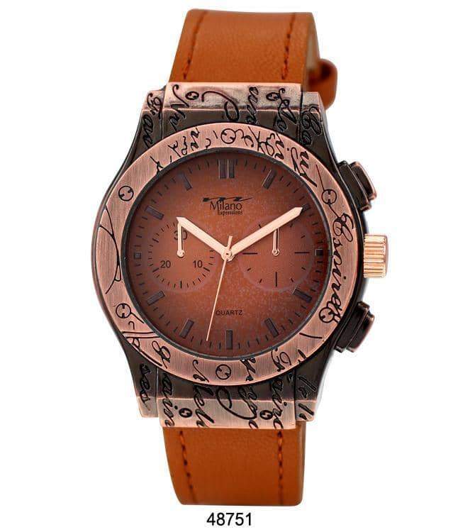 Milano Vegan Leather Band Watch featuring an engraved metal alloy case and soft vegan leather strap, perfect for daily wear.