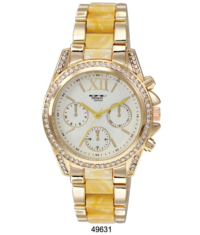 Elegant 4963 Metal Band Watch with two-tone enamel links and sparkling stone bezel, perfect for stylish women.